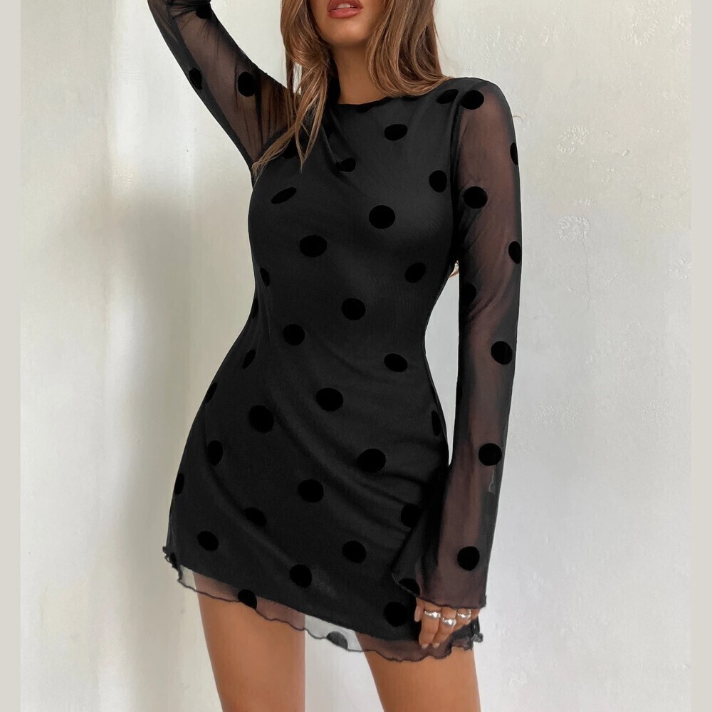 Black Polka Dot Sheer Mesh Long Sleeve Fitted Bodycon Mini Dress
